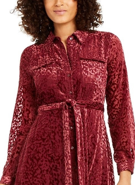 Alfani Women's Velvet Burnout Belted Shirtdress Maroon Size 8