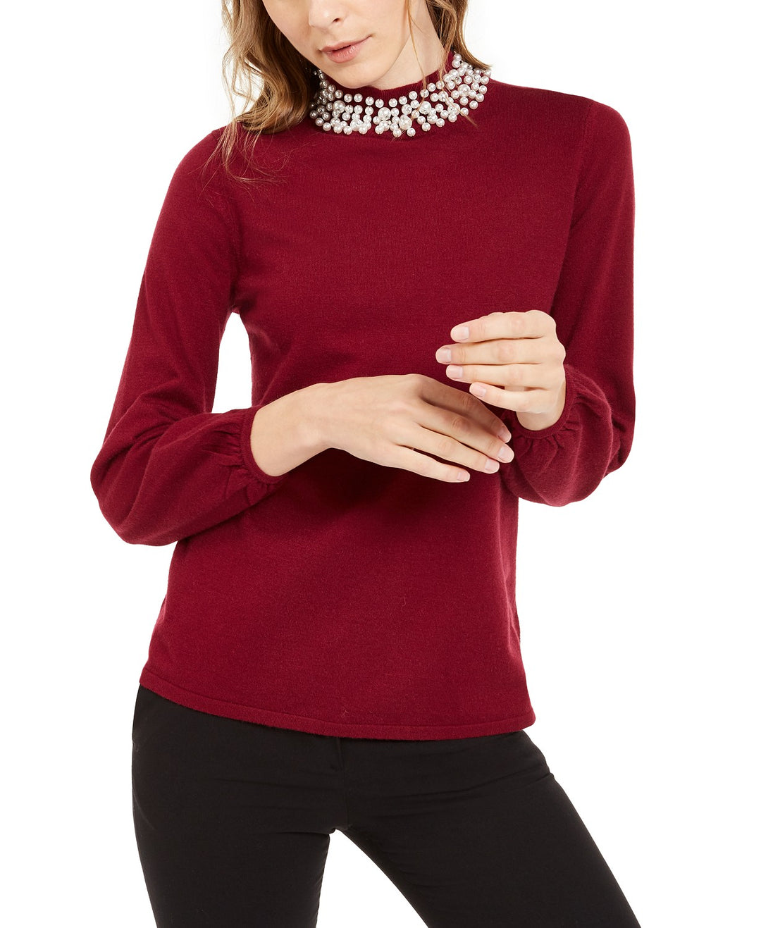 Alfani Women's Pearl-Neck Blouson Sweater Wine Size Large