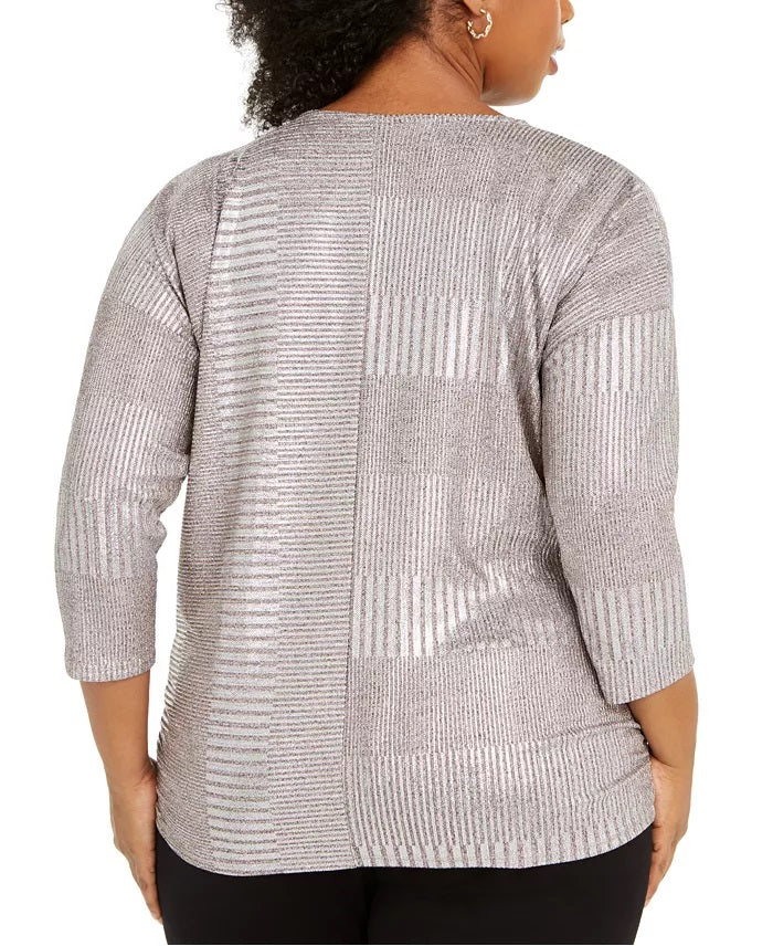 JM Collection Women's Plus Size Metallic Ribbed Dolman Top Gray Size  XXX-Large