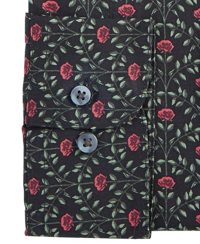 Bar III Men's Slim-Fit Performance Stretch Rose Arch-Print Dress Shirt Black Size 32-33