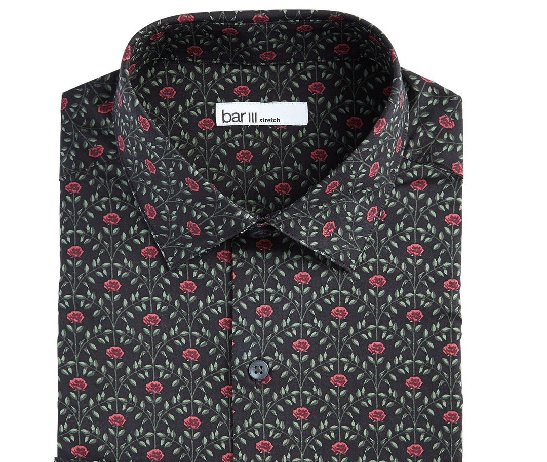 Bar III Men's Slim-Fit Performance Stretch Rose Arch-Print Dress Shirt Black Size 32-33