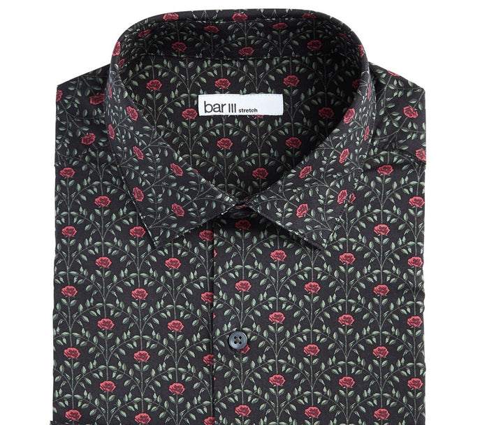 Bar III Men's Slim-Fit Performance Stretch Rose Arch-Print Dress Shirt Black Size 32X33