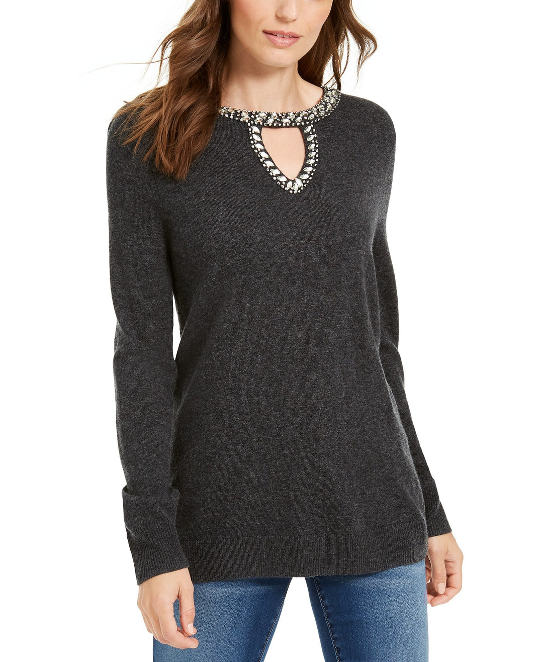 INC International Concepts Women's Embellished Keyhole Sweater Charcoal Size Large