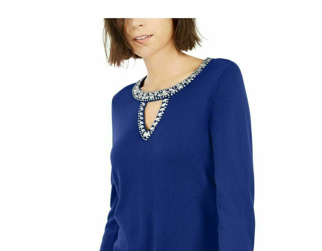 INC International Concepts Women's Embellished Keyhole Sweater Navy Size Large