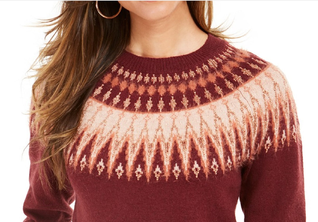 Style & Co Women's Fair Isle Crewneck Sweater Wine Size Medium