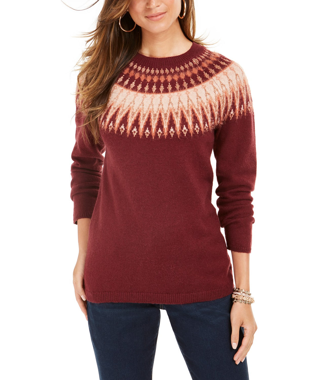 Style & Co Women's Fair Isle Crewneck Sweater Wine Size Medium