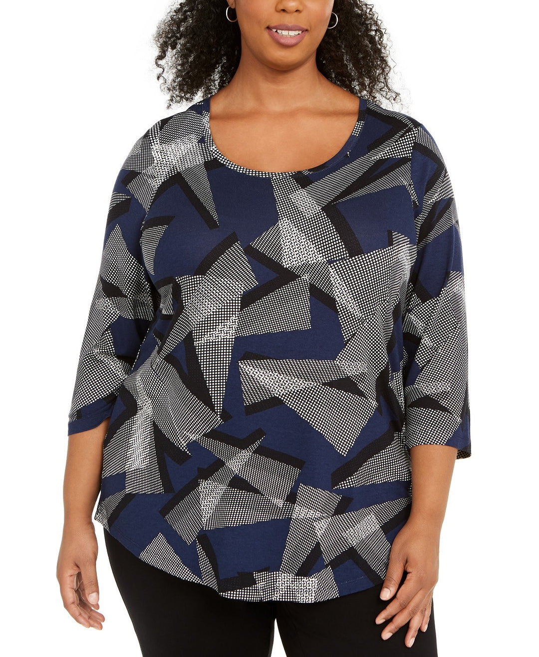 JM Collection Women's Plus Size Scoop-Neck Printed Top Blue Size Extra Large
