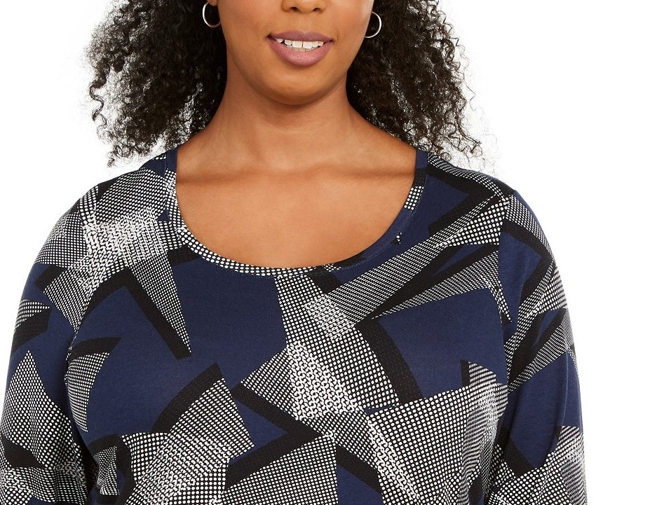 JM Collection Women's Plus Size Scoop-Neck Printed Top Blue Size Extra Large