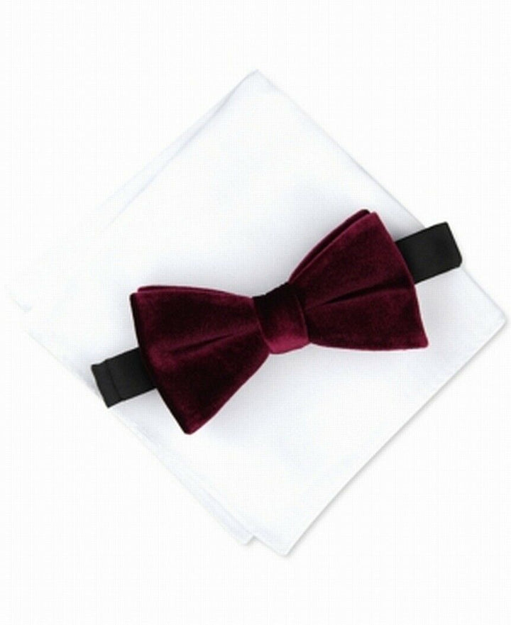 Alfani Men's Pre-Tied Velvet Bow Tie & Pocket Square Set Red Size Regular