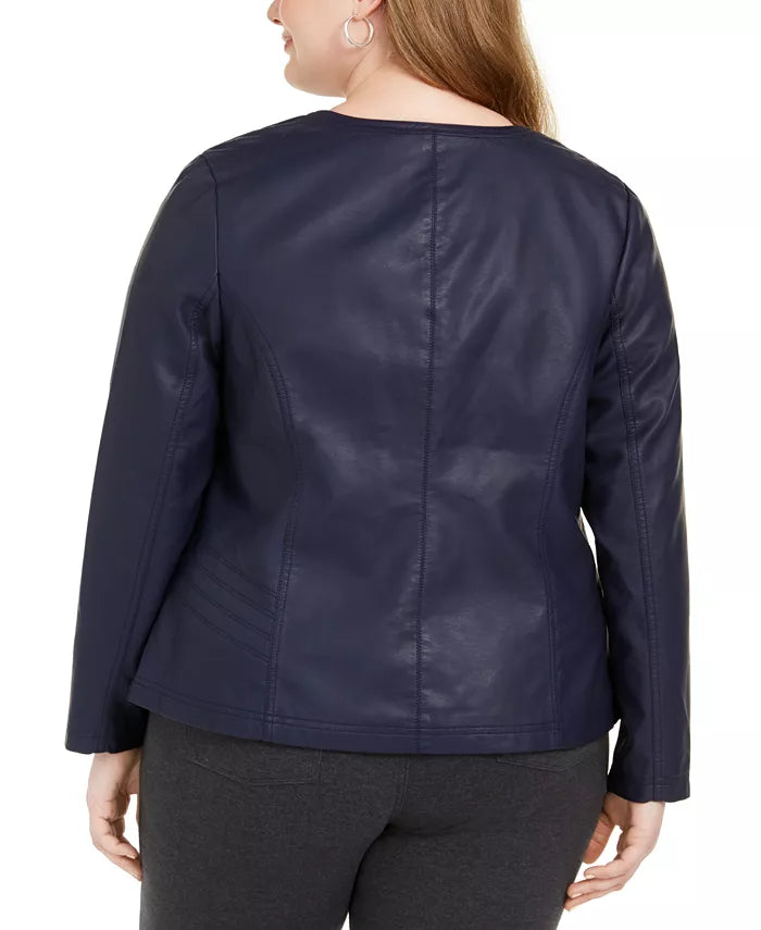 Alfani Women's Plus Size Faux Leather Zipper Jacket  Blue