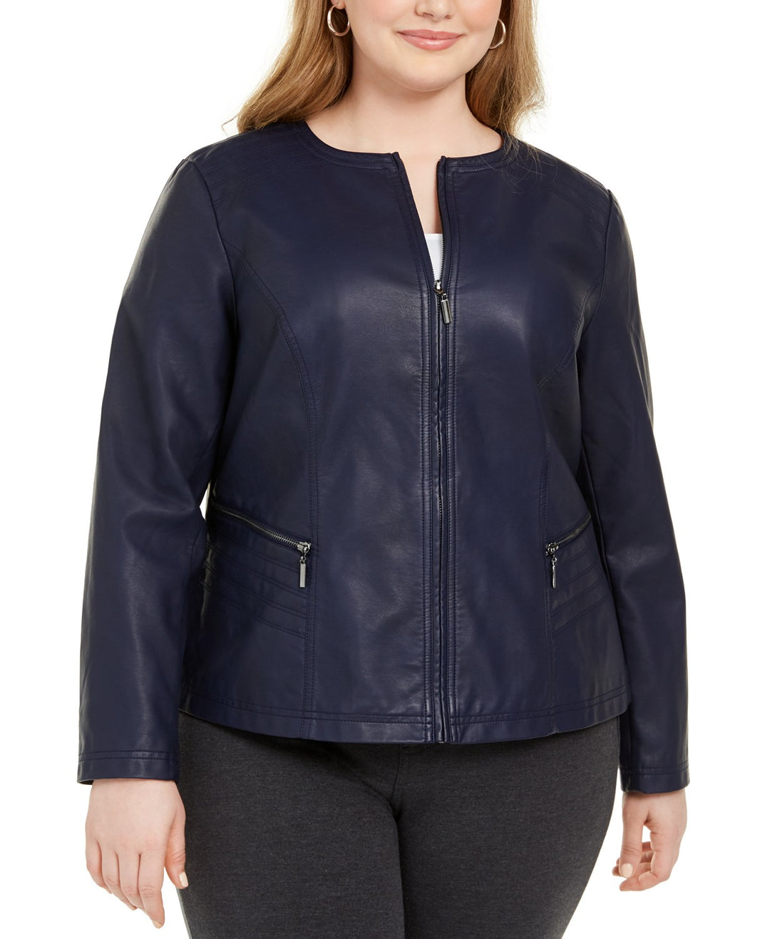 Alfani Women's Plus Size Faux Leather Zipper Jacket  Blue