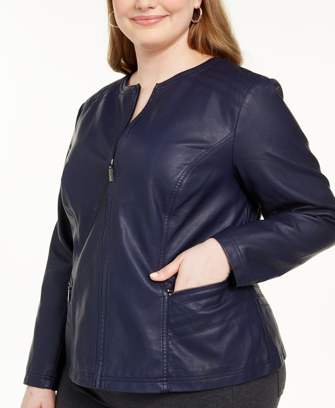 Alfani Women's Plus Size Faux Leather Zipper Jacket  Blue