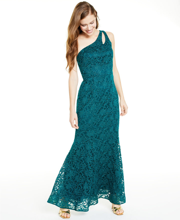 BCX Juniors' One-Shoulder Glitter Lace Gown  Bright Grn Size 15