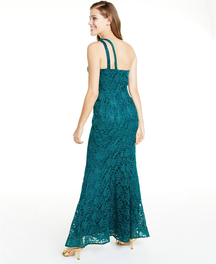 BCX Juniors' One-Shoulder Glitter Lace Gown  Bright Grn Size 15