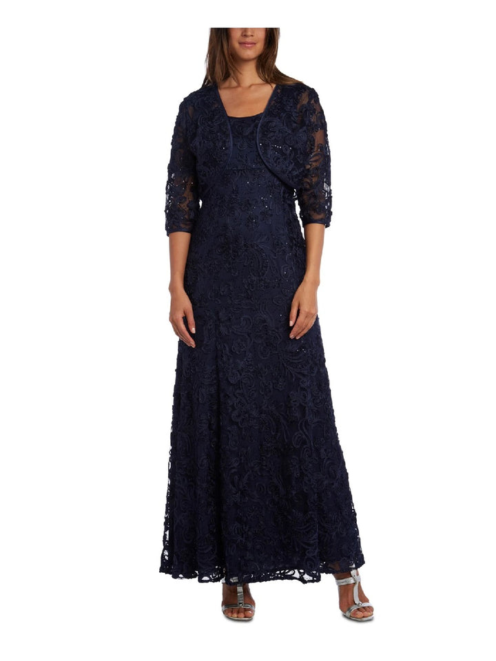 R & M Richards Women's Embellished Soutache Gown & Bolero Jacket Navy