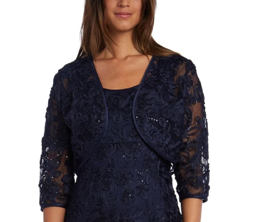 R & M Richards Women's Embellished Soutache Gown & Bolero Jacket Navy