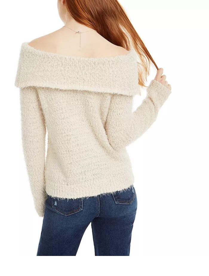 Freshman Juniors' Off-The-Shoulder Fuzzy Sweater Brown Size Medium