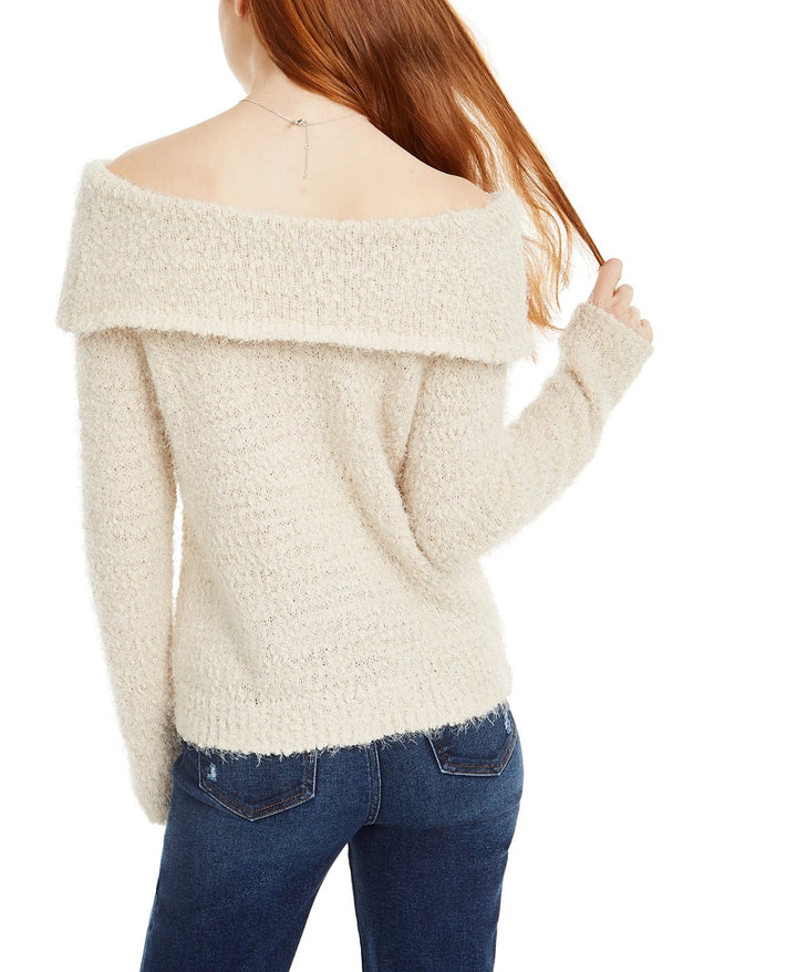 Freshman Junior's Off The Shoulder Fuzzy Sweater White Size Small