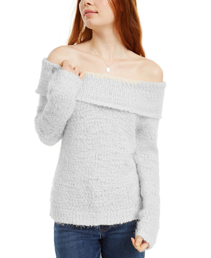 Freshman Juniors' Off-The-Shoulder Fuzzy Sweater Gray Size Extra Small