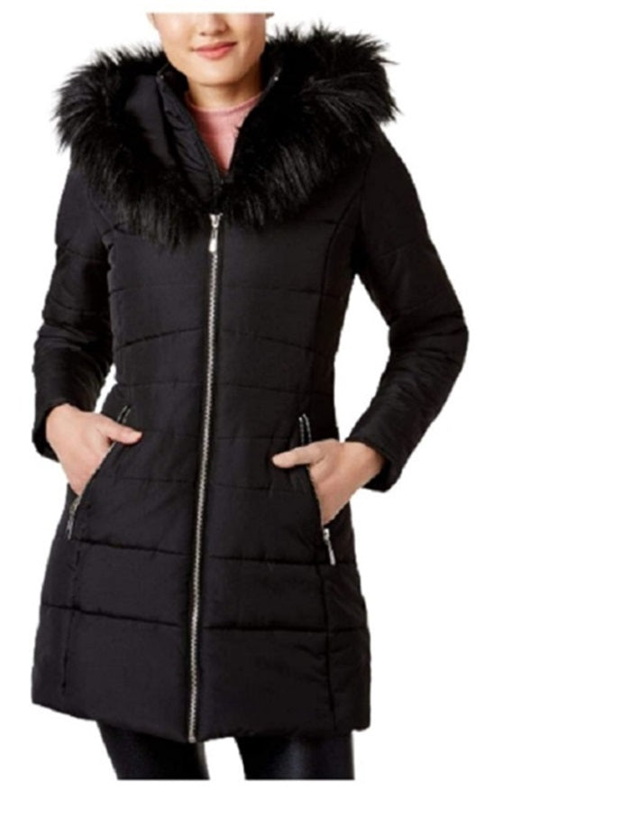 Maralyn & Me Juniors' Women's Faux-Faux-Trim Hooded Puffer Coat Black Size Small