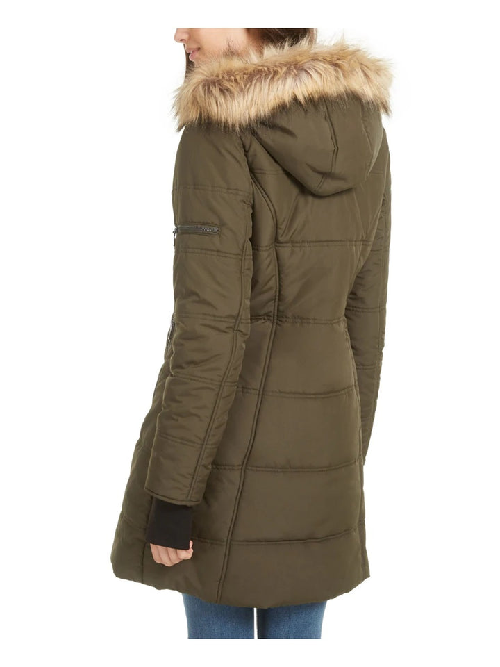 Maralyn & Me Juniors' Faux-Fur Trim Hooded Puffer Coat Olive Size Small