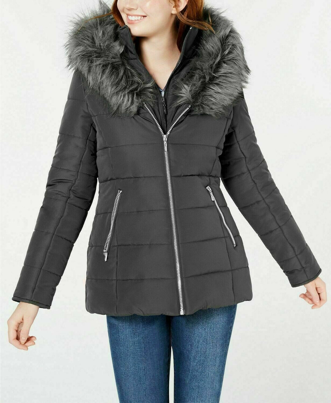 Maralyn & Me Women's Hooded Faux-Faux-Trim Puffer Coat Charcoal Size Extra Small