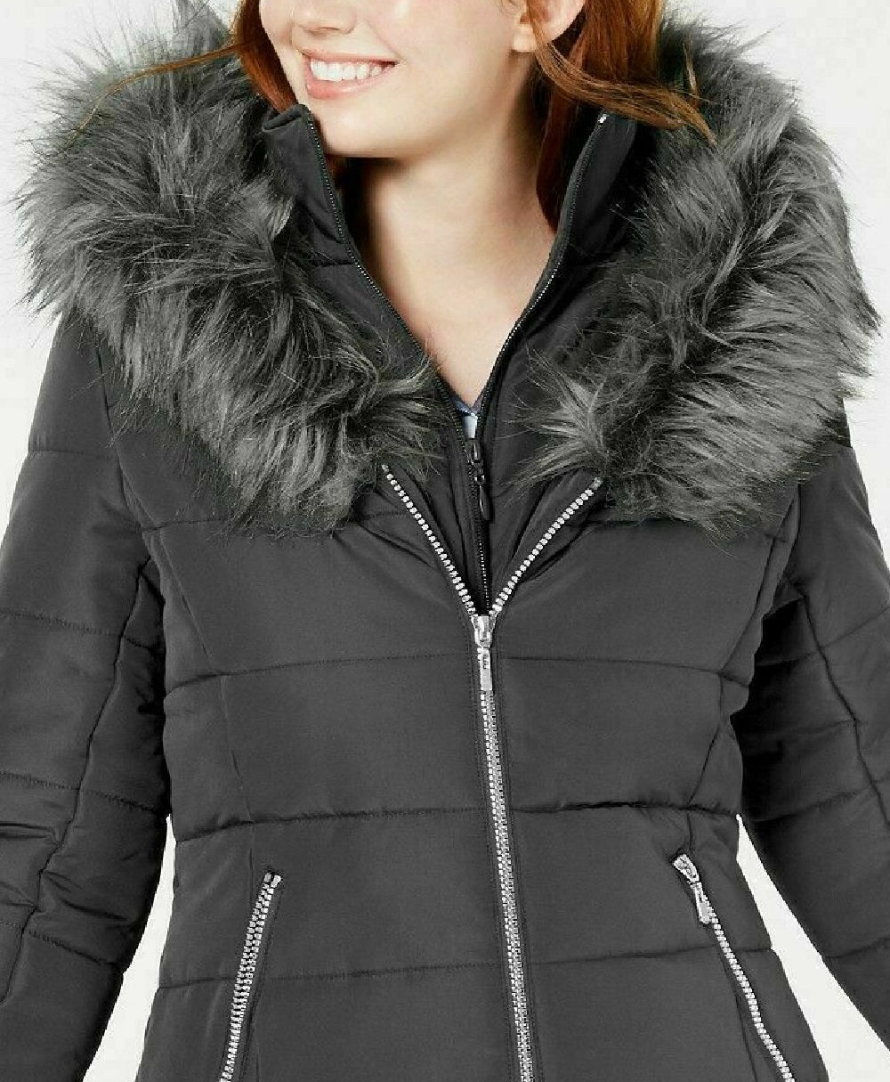 Maralyn & Me Women's Hooded Faux-Faux-Trim Puffer Coat Charcoal Size Extra Small