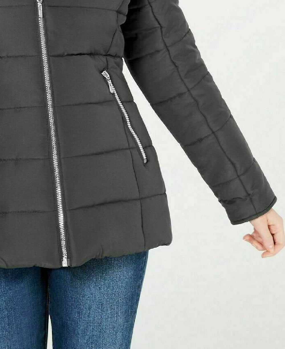 Maralyn & Me Women's Hooded Faux-Faux-Trim Puffer Coat Charcoal Size Extra Small