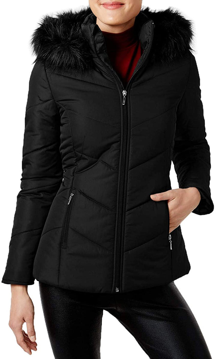 Maralyn & Me Women's Juniors' Hooded Faux-Faux-Trim Puffer Coat Black Size Extra Small