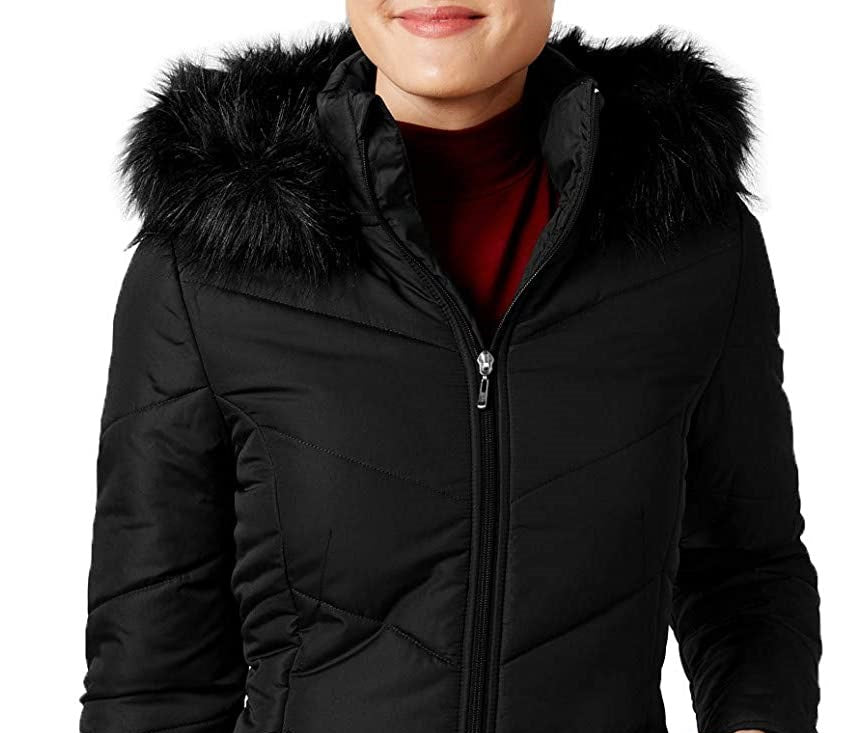 Maralyn & Me Women's Juniors' Hooded Faux-Faux-Trim Puffer Coat Black Size Extra Small