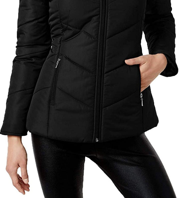 Maralyn & Me Women's Juniors' Hooded Faux-Faux-Trim Puffer Coat Black Size Extra Small