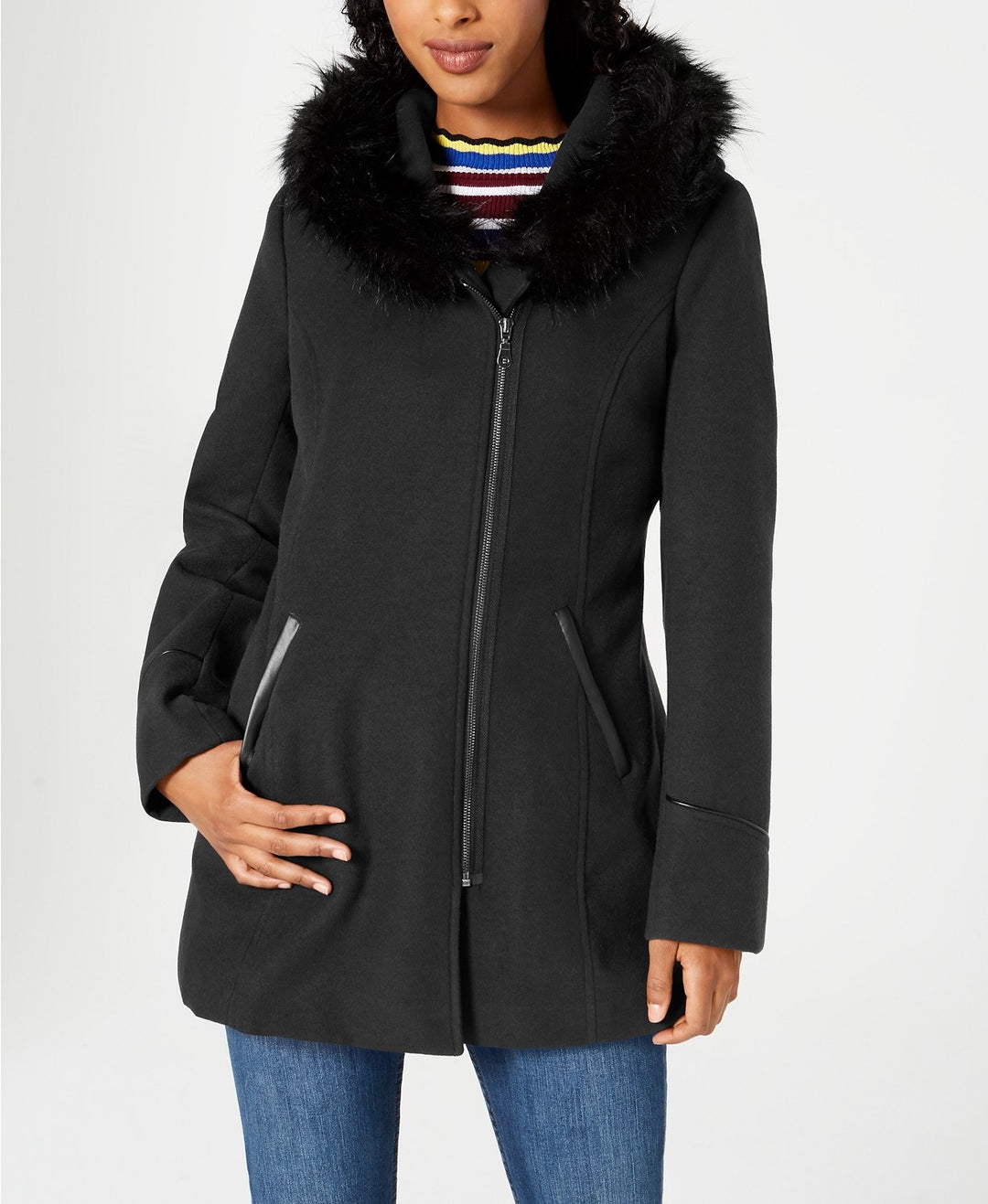 Maralyn & Me Juniors' Faux-Faux-Trim Hooded Coat Black Size Medium