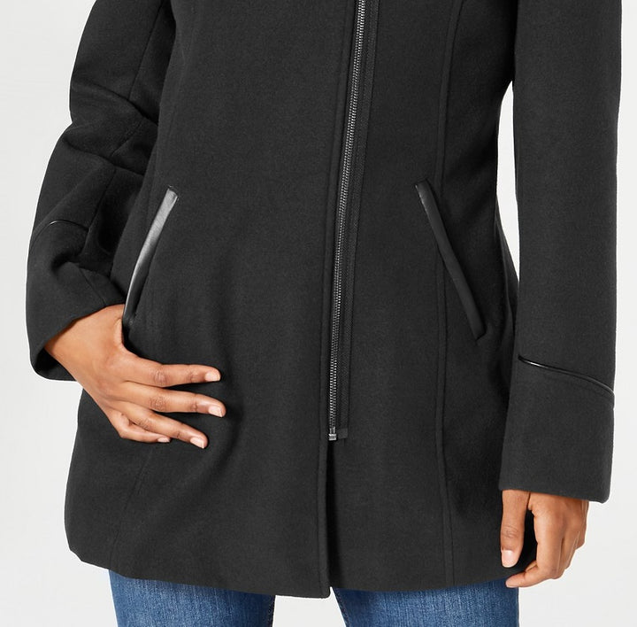 Maralyn & Me Juniors' Faux-Faux-Trim Hooded Coat Black Size Small