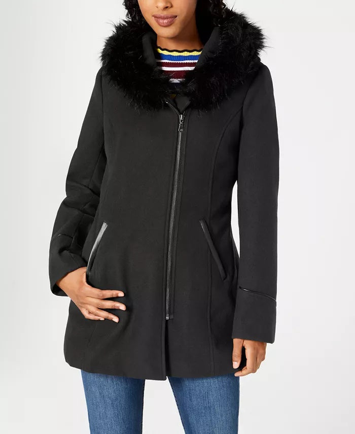 Maralyn & Me Juniors' Faux-Fur-Trim Hooded Coat Black Size Large