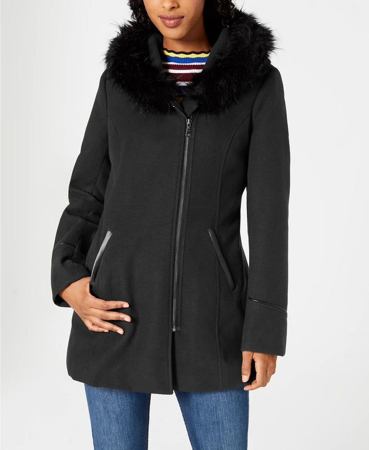 Maralyn & Me Juniors' Faux-Faux-Trim Hooded Coat Black Size XX-Large