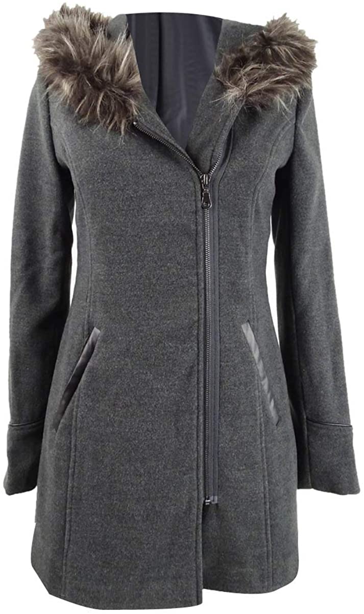 Maralyn & Me Juniors' Faux-Fur-Trim Hooded Coat Dark Gray Size X-Large