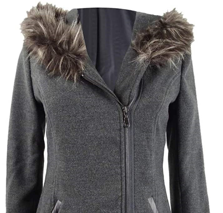 Maralyn & Me Juniors' Faux-Fur-Trim Hooded Coat Dark Gray Size X-Large