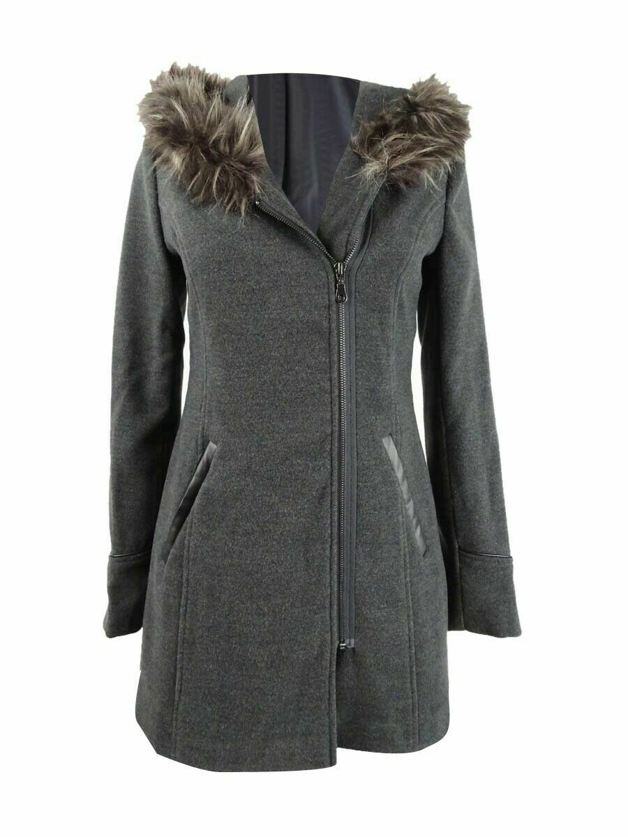 Maralyn & Me Juniors' Faux-Faux-Trim Hooded Coat Gray Size Medium