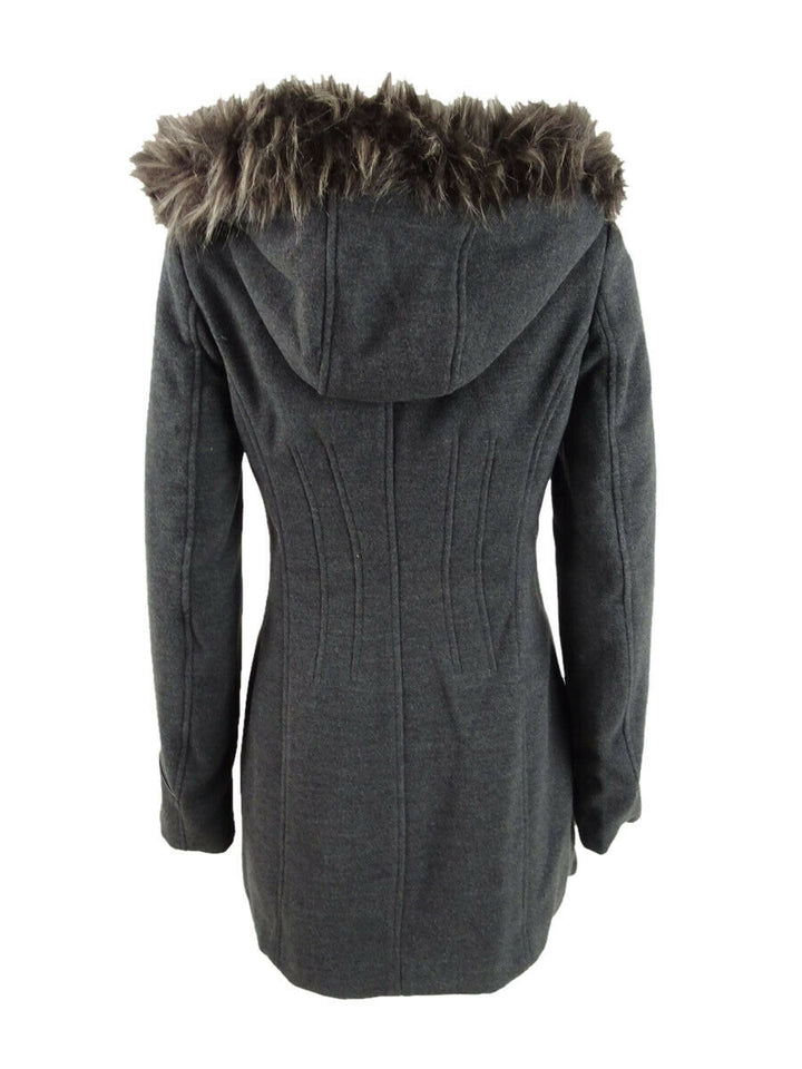 Maralyn & Me Juniors' Faux-Faux-Trim Hooded Coat Gray Size Medium