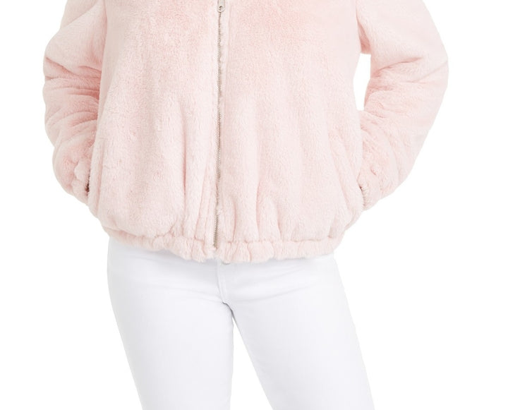 Maralyn & Me Juniors'  Reversible Cropped Hooded Faux-Faux Coat Med Pink Size Medium