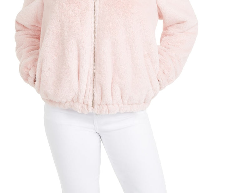 Maralyn & Me Juniors'  Reversible Cropped Hooded Faux-Faux Coat Med Pink Size Small