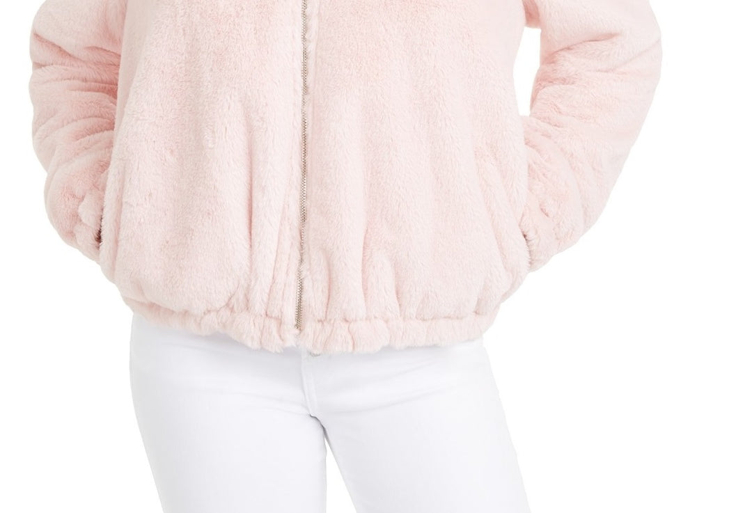 Maralyn & Me Juniors'  Reversible Cropped Hooded Faux-Faux Coat Med Pink Size Extra Small