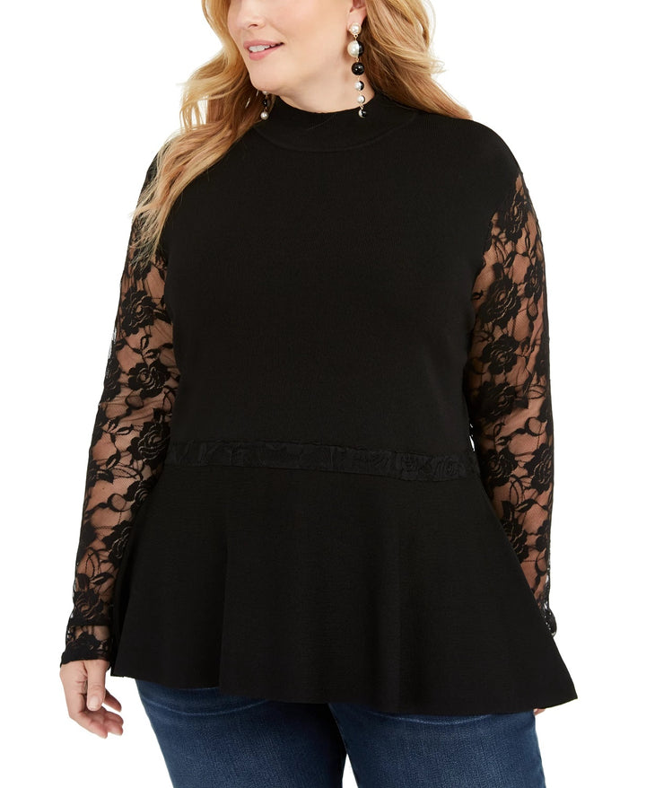 INC International Concepts women's Plus Lace Peplum Sweater Black Size 1X