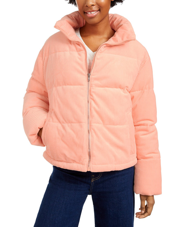 Collection B Junior's Cropped Corduroy Puffer Coat Pink Size Large