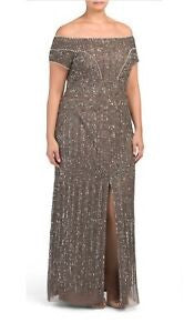 Adrianna Papell Women's Off-The-Shoulder Beaded Gown Brown Size 10