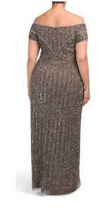 Adrianna Papell Women's Off-The-Shoulder Beaded Gown Brown Size 10