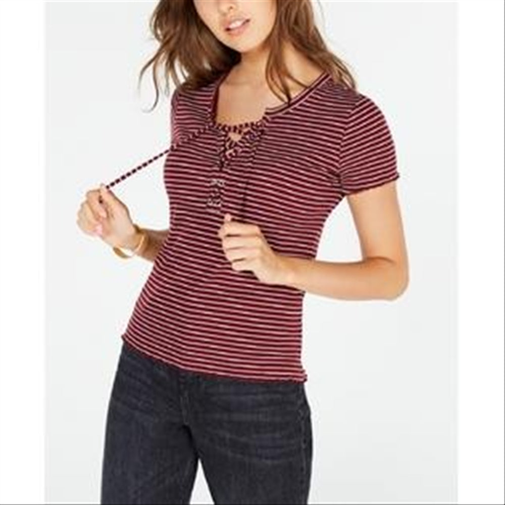 Hippie Rose Junior's Lace Up Rib Knit Top Red Size X-Small