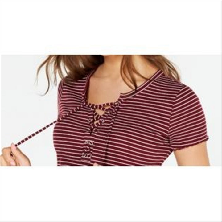 Hippie Rose Junior's Lace Up Rib Knit Top Red Size X-Small