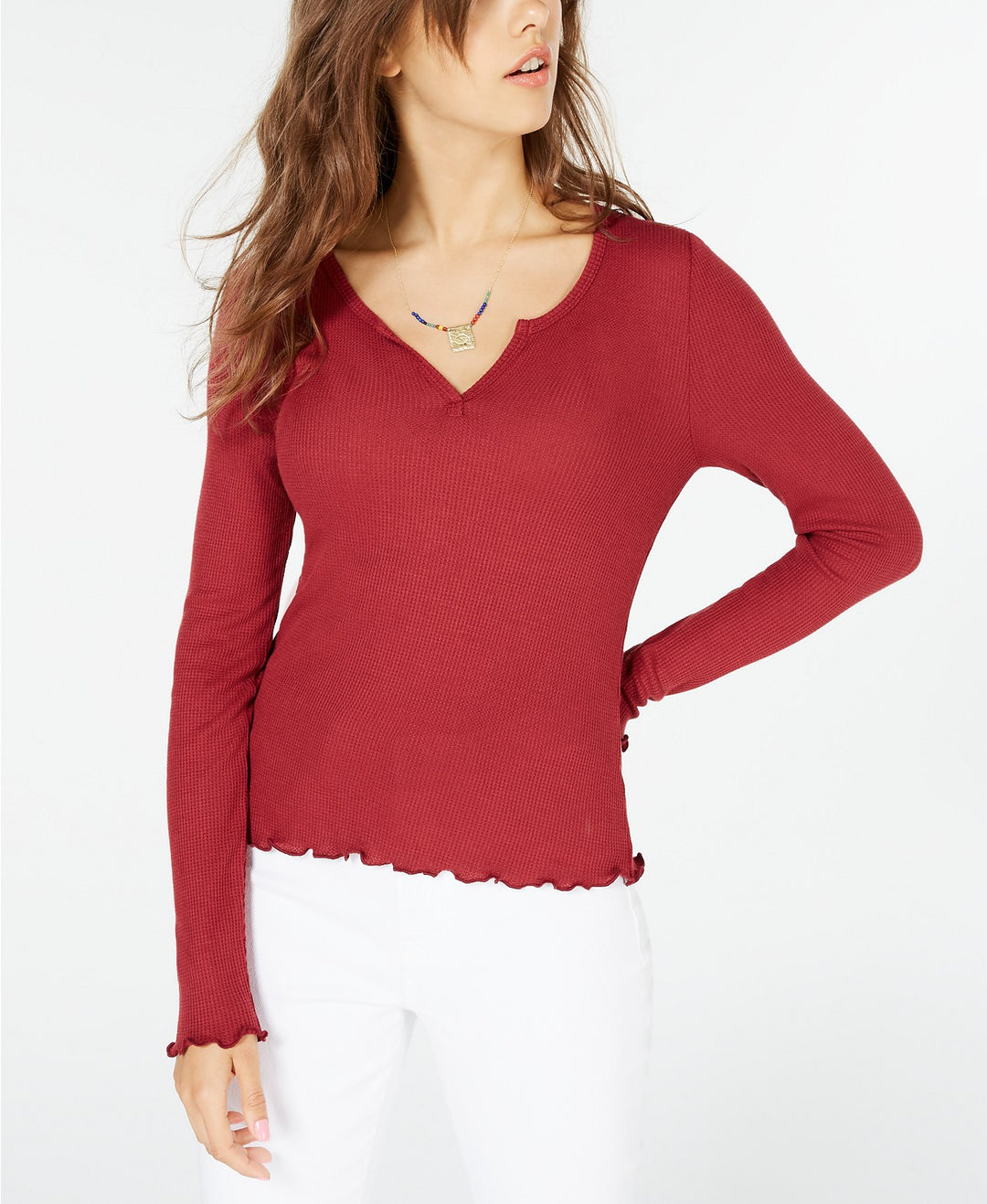 Hippie Rose Juniors' Waffle-Knit Lettuce-Edge Top Red Size Extra Small