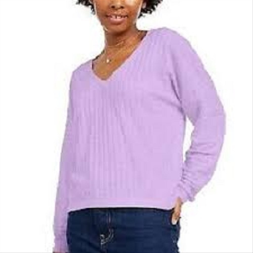 Hippie Rose Juniors' Cozy V-Neck Ribbed Top Purple Size Small